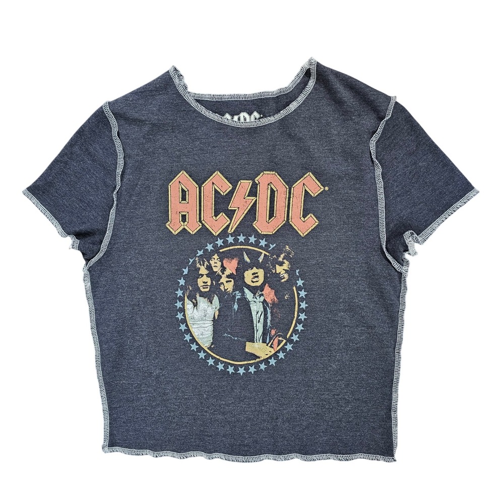 AC/DC Highway to Hell Womens‎ L Gray Graphic Crop Top Exposed Seam Tour Tee